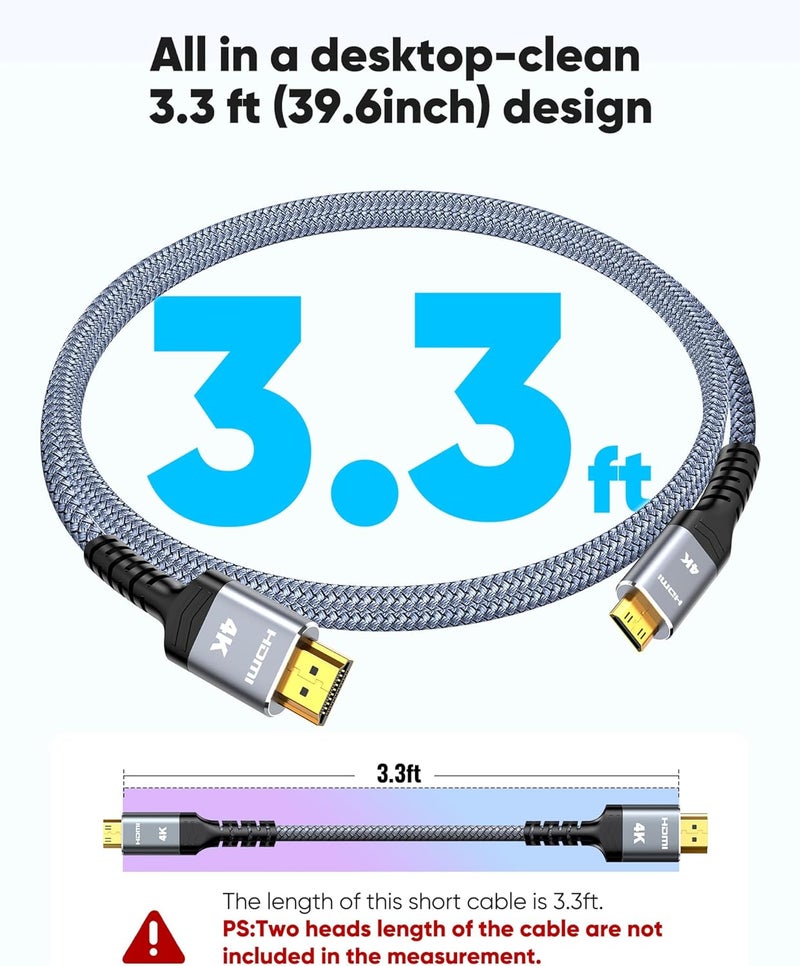 Highwings Mini HDMI to HDMI Cable 3.3FT, (4K 60Hz) High Speed HDMI to Mini HDMI Male Bi-Directional 2.0 Cord, for HDTV, Tablet, Camera and Camcorder [Aluminum Shell, Nylon Braided] - Image 4